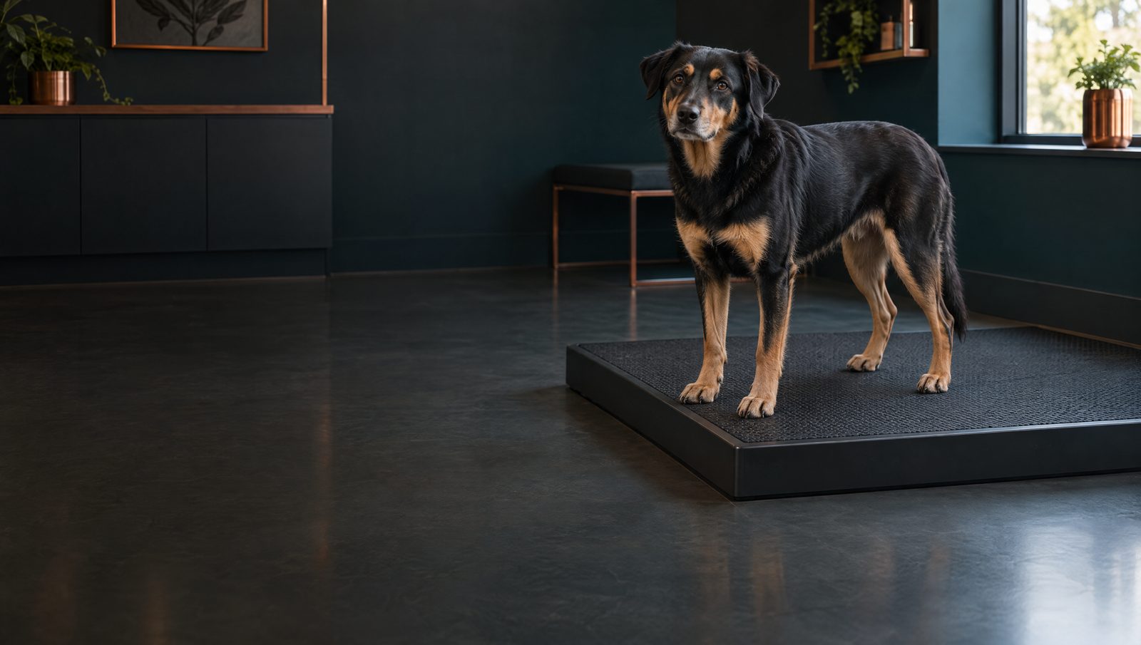 Illustrative AI scene: calm mixed-breed dog standing on a nonslip mat in a veterinary consultation room.